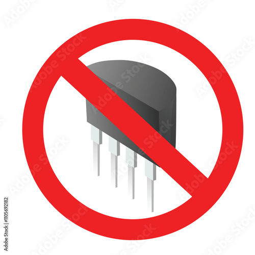 Forbidden processor vector icon. Warning, caution, attention, restriction, label, ban, danger. No CPU flat sign design pictogram symbol. No micro chip icon 