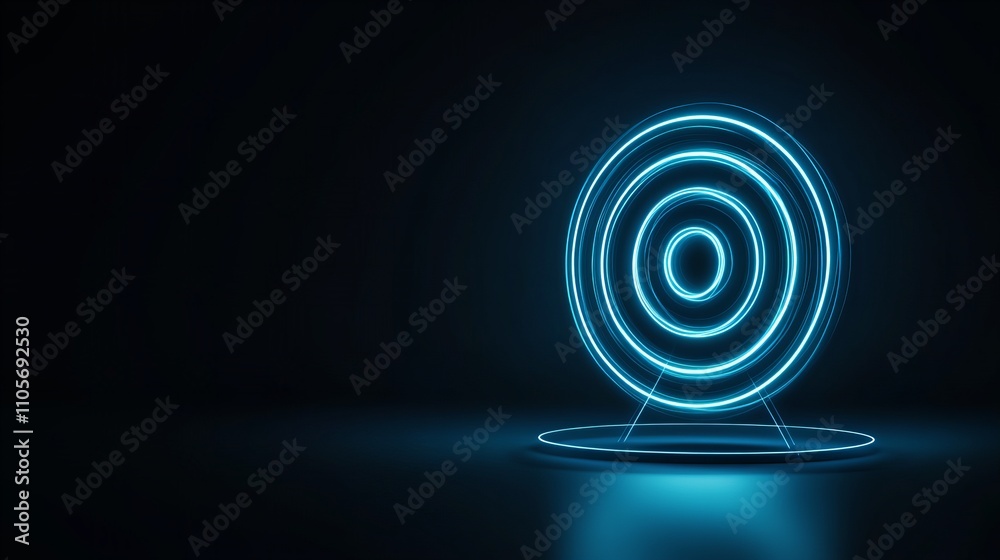 Glowing neon blue target symbol against a dark background, representing precision, focus, and goal achievement Glowing neon blue target symbol against a dark background, representing precision, focus, and goal achievement