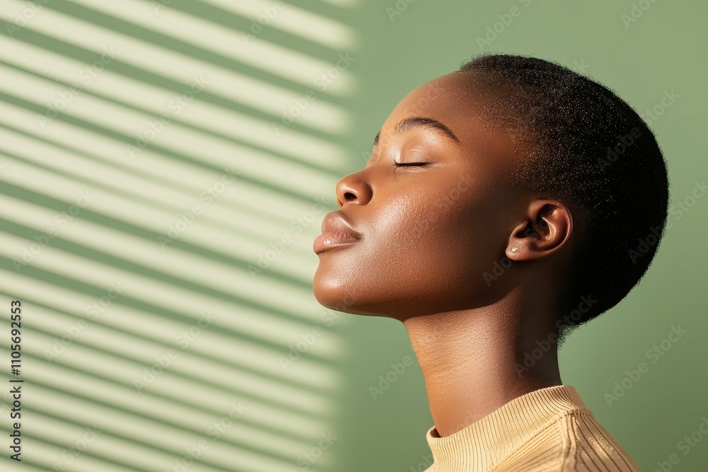 makeup highlighter subtle concept, A serene woman with short hair stands in soft light, eyes closed, basking in the warmth and tranquility of the moment. makeup highlighter subtle concept, A serene woman with short hair stands in soft light, eyes closed, basking in the warmth and tranquility of the moment.