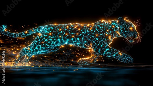 Sleek Neon Jaguar in Motion with Glowing Spots on Dark Background photo