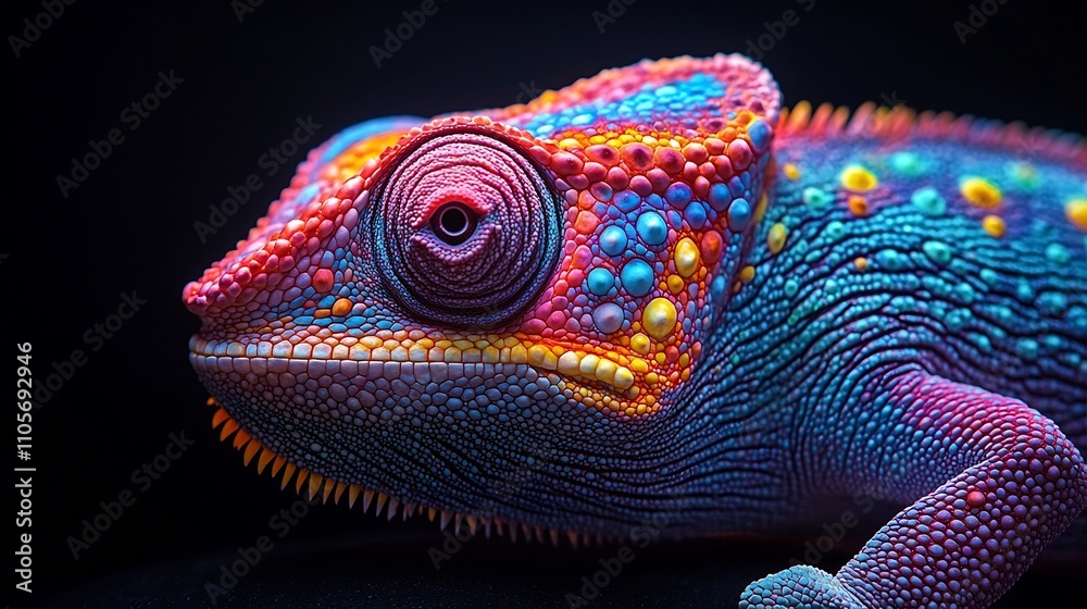 Neon Chameleon Shifting Colors Blending into Black Background Neon Chameleon Shifting Colors Blending into Black Background
