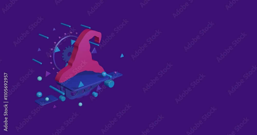 Pink wizard hat symbol on a pedestal of abstract geometric shapes floating in the air. Abstract concept art with flying shapes on the left. 3d illustration on deep purple background Pink wizard hat symbol on a pedestal of abstract geometric shapes floating in the air. Abstract concept art with flying shapes on the left. 3d illustration on deep purple background