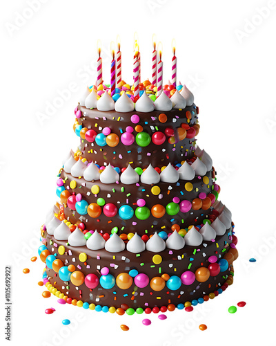 Colorful Three-Tier Birthday Chocolate Cake with Candles - 3D Render - Transparent PNG