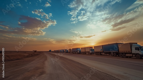 Empty aid trucks parked on a dusty desert road, with the setting sun casting long shadows, highlighting the theme of preparedness and anticipation. The road is empty, ready for action, symbolizing rea photo