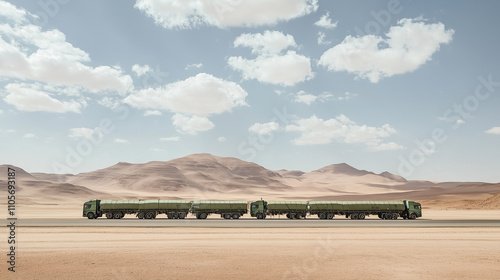 Empty aid trucks parked on a dusty desert road, with the setting sun casting long shadows, highlighting the theme of preparedness and anticipation. The road is empty, ready for action, symbolizing rea photo