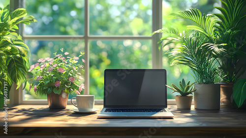 Sustainable workplace with open laptop, cup of coffee and plants on wooden table near big window with sunny garden background. Comfortable, cozy eco friendly home workplace for online work