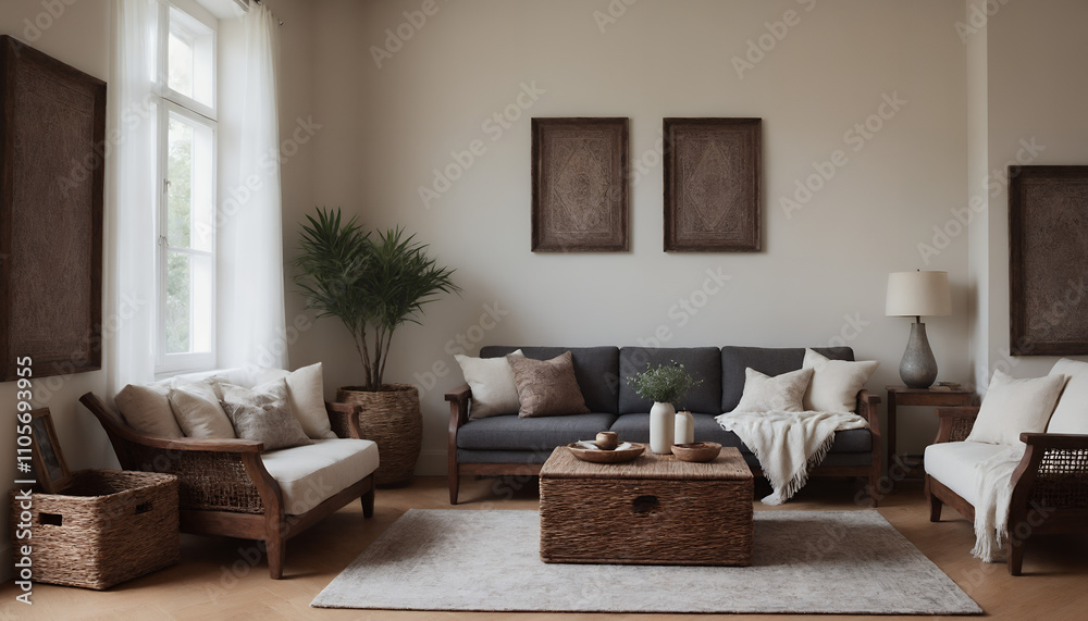 Fototapeta premium A modern living room with a sofa against a soft colour wall featuring vertical poster frames in wooden frame borders 3d illustration template.
