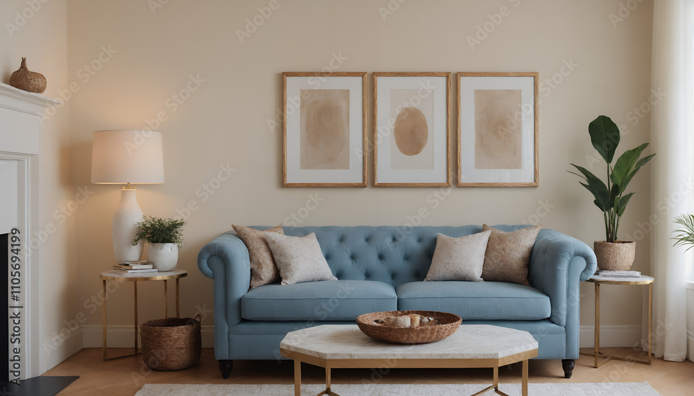 A modern living room with a light blue sofa against a soft colour wall featuring vertical poster frames in wooden frame borders 3d illustration template A modern living room with a light blue sofa against a soft colour wall featuring vertical poster frames in wooden frame borders 3d illustration template