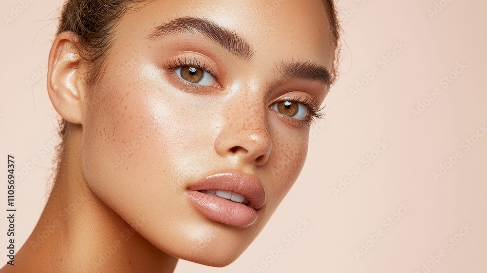 makeup highlighter subtle concept, A close-up portrait of a young woman with radiant skin, natural makeup, and a soft expression against a warm, neutral background.