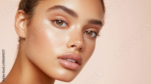 Obraz na płótnie makeup highlighter subtle concept, A close-up portrait of a young woman with radiant skin, natural makeup, and a soft expression against a warm, neutral background. w salonie