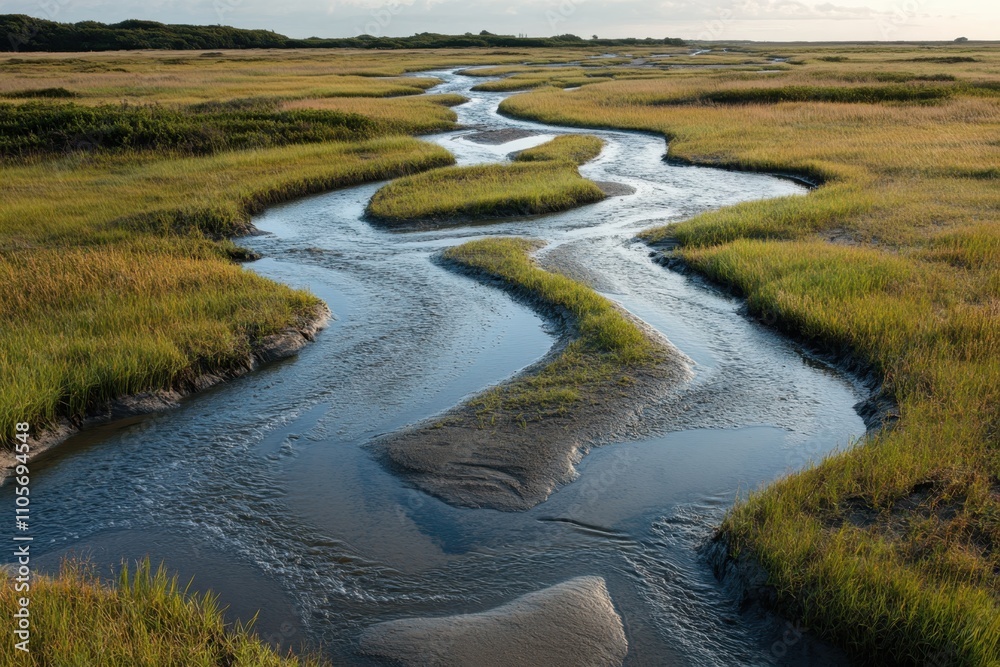 Flowing stream through lush wetlands under a golden sky at sunset Flowing stream through lush wetlands under a golden sky at sunset