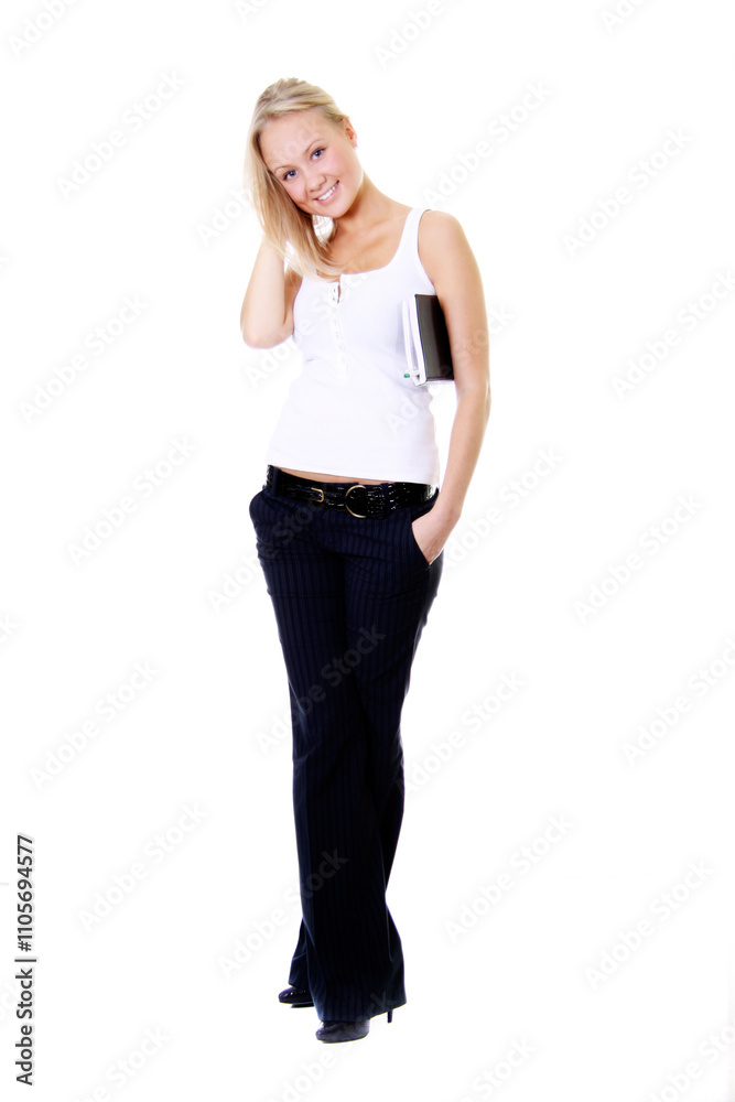 Young beautiful blonde woman with a diary - isolated on white background Young beautiful blonde woman with a diary - isolated on white background