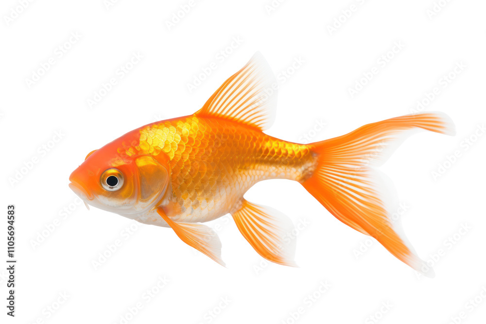 A close-up of a single, shiny goldfish with its fins spread, isolated on white background A close-up of a single, shiny goldfish with its fins spread, isolated on white background