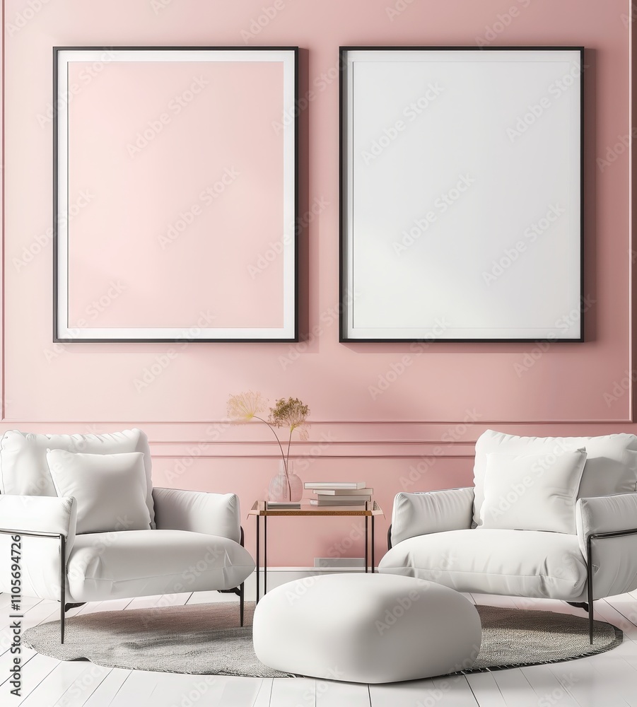 Two white armchairs and an ottoman sit in front of a pink wall with two blank frames Two white armchairs and an ottoman sit in front of a pink wall with two blank frames