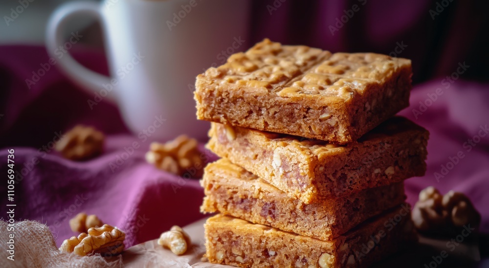 Festive Granola Bar Stack with Holiday Decor and Cozy Warm Background