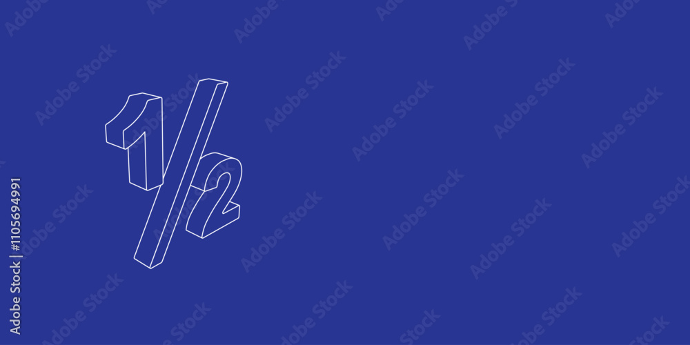 The outline of a large half fraction symbol made of white lines on the left. 3D view of the object in perspective. Vector illustration on indigo background The outline of a large half fraction symbol made of white lines on the left. 3D view of the object in perspective. Vector illustration on indigo background