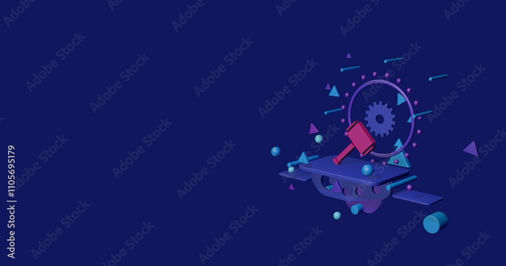Pink sledgehammer symbol on a pedestal of abstract geometric shapes floating in the air. Abstract concept art with flying shapes on the right. 3d illustration on indigo background Pink sledgehammer symbol on a pedestal of abstract geometric shapes floating in the air. Abstract concept art with flying shapes on the right. 3d illustration on indigo background