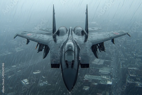 A fighter jet flies through a torrential downpour, showcasing its agility and power in adverse weather conditions above a sprawling city below photo