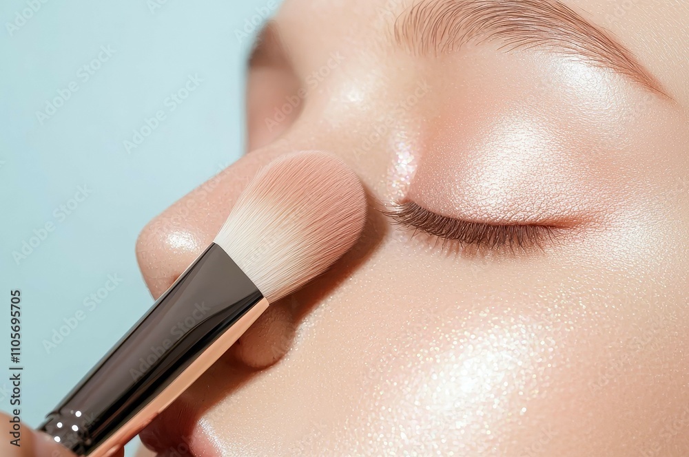 makeup highlighter subtle concept, A close-up of a person applying makeup with a brush, highlighting a glowing complexion and accentuated features against a soft, light background.