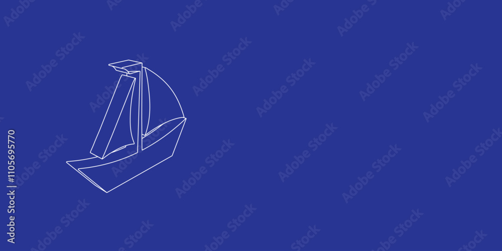 The outline of a large sailing boat symbol made of white lines on the left. 3D view of the object in perspective. Vector illustration on indigo background The outline of a large sailing boat symbol made of white lines on the left. 3D view of the object in perspective. Vector illustration on indigo background