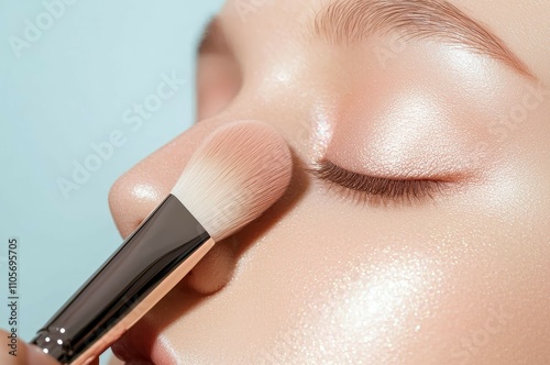 makeup highlighter subtle concept, A close-up of a person applying makeup with a brush, highlighting a glowing complexion and accentuated features against a soft, light background.