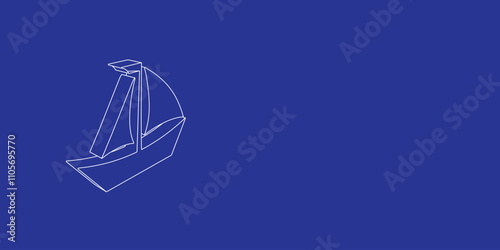 The outline of a large sailing boat symbol made of white lines on the left. 3D view of the object in perspective. Vector illustration on indigo background