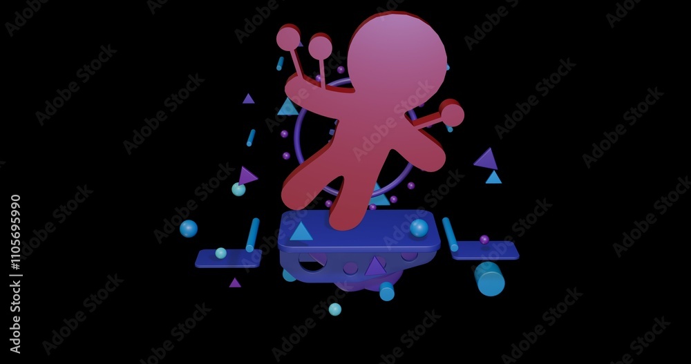 Red Voodoo Doll symbol on a pedestal of abstract geometric shapes floating in the air. Abstract concept art with flying shapes in the center. 3d illustration on black background Red Voodoo Doll symbol on a pedestal of abstract geometric shapes floating in the air. Abstract concept art with flying shapes in the center. 3d illustration on black background