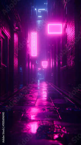 Wallpaper Mural Pink and Blue Neon Lights Illuminate a Gritty City Alley in Neo-Noir Style, Capturing a Futuristic Urban Atmosphere with Cyberpunk Aesthetic and Moody Nightlife Vibes of a High-Tech World Torontodigital.ca