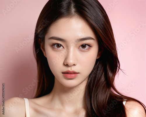 Beauty portrait of a beautiful young woman with glowing skin. Beautiful real face, beauty image.輝く肌を持つ美しい若い女性のビューティーポートレート。美しい素顔、美容イメージ。