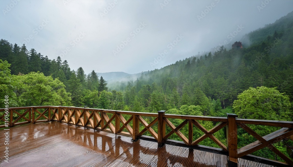 Peaceful Reflections: Cozy Balcony Overlooking a Lush, Rain-Soaked Forest Peaceful Reflections: Cozy Balcony Overlooking a Lush, Rain-Soaked Forest