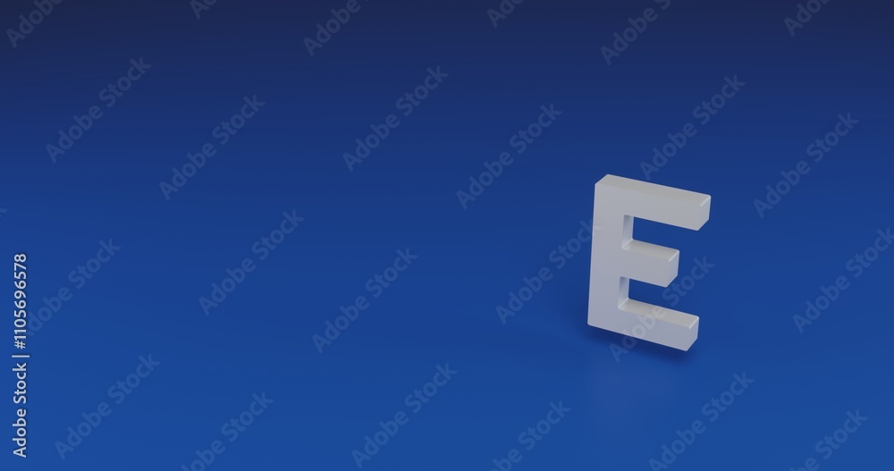 Isolated realistic white capital letter E symbol with shadow. Located on the right side of the scene. 3d illustration on transparent background