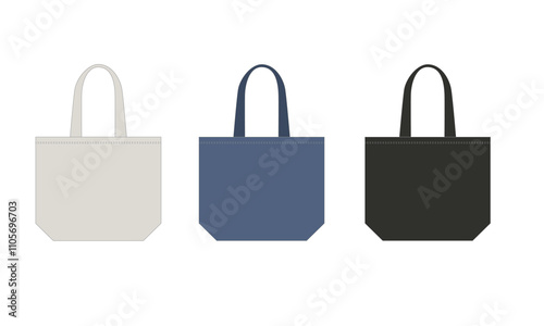 Set of vector drawings canvas tote bag white, blue, black colors, isolate on white background. Template of simple sketches of tote bag made of natural materials for eco-friendly shopping.