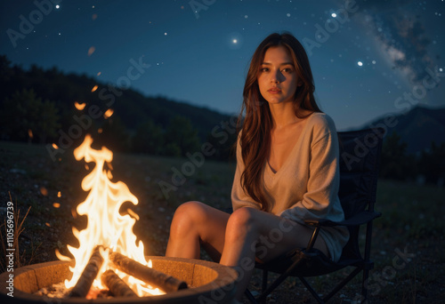 A woman poses gracefully beside a campfire at sunset, night camping