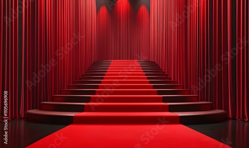 Red Carpet Staircase Between Red Curtains