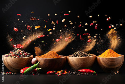 Colorful spices and peppers in wooden bowls flying over black background. Spices and seasonings powder splash. Freeze motion photo