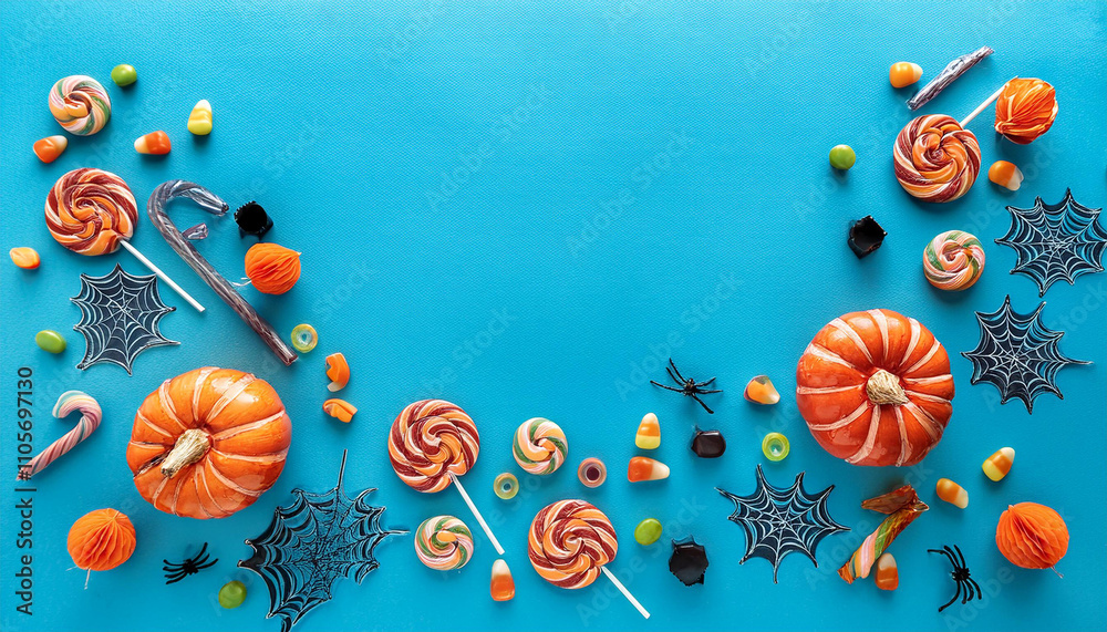 Banner for Halloween with sweet candies on light blue background Banner for Halloween with sweet candies on light blue background