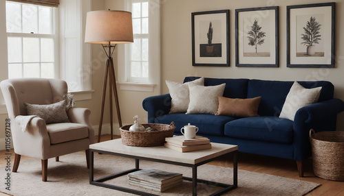 A modern living room with a dark blue sofa against a soft colour wall featuring vertical poster frames in wooden frame borders 3d illustration template.