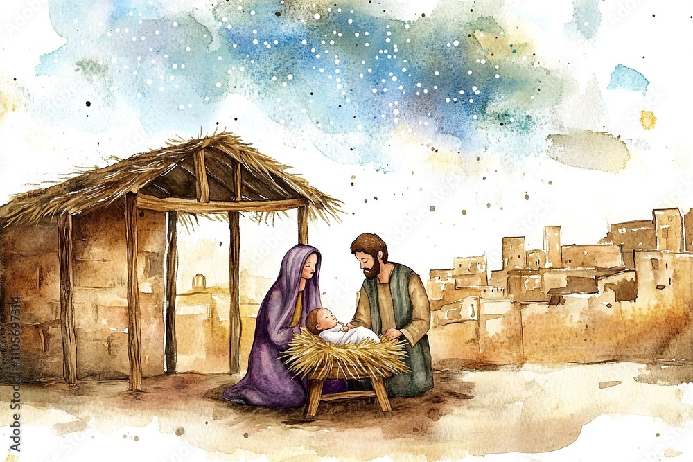 Fototapeta premium Watercolor illustration of baby Jesus in a manger, with Mary and Joseph by his side. A softly blurred Bethlehem and glowing star highlight the scene, with space below for a Christmas message.