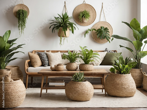 Living Room with Plants and Woven Decor Accents