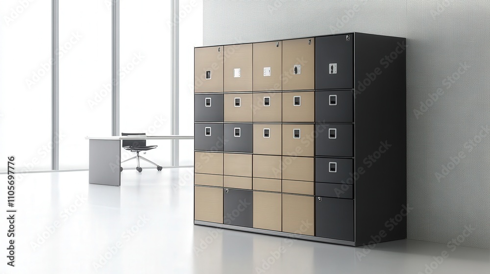A modern locker system in an office, designed to store personal belongings during working hours A modern locker system in an office, designed to store personal belongings during working hours