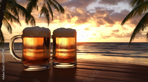 Fototapeta Naklejka Na Ścianę i Meble -  Tropical beach sunset with two beer mugs on wooden table.