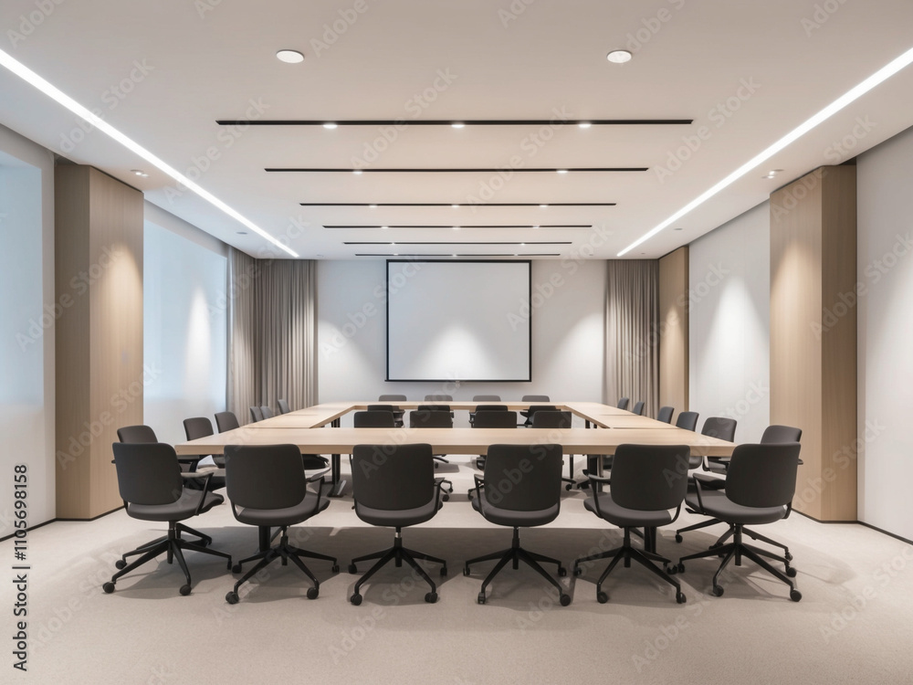 Modern Conference Room with Organized Seating and Projection Screen Modern Conference Room with Organized Seating and Projection Screen