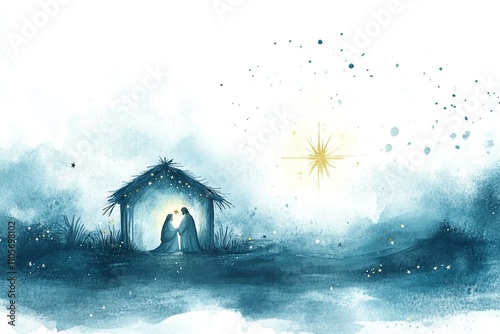 Watercolor illustration of baby Jesus in a manger, with Mary and Joseph by his side. A softly blurred Bethlehem and glowing star highlight the scene, with space below for a Christmas message.