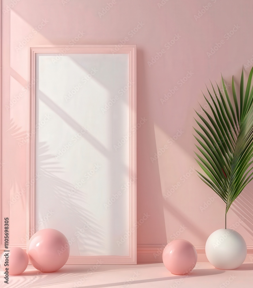 Fototapeta premium Pink and White Minimalist Mockup with Palm Leaf