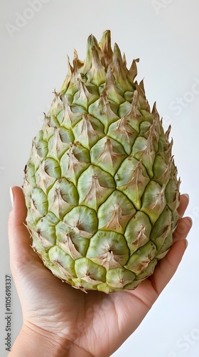 Holding the giant fruit in hand, it is shaped like an artichoke with green scales and brown spots on its surface photo