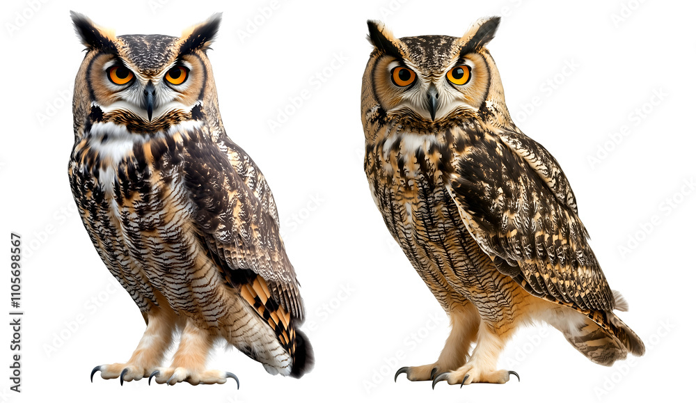 Pair of Great Horned Owls with Sharp Eyes and Feathered Details, cutout, isolated on white background Pair of Great Horned Owls with Sharp Eyes and Feathered Details, cutout, isolated on white background