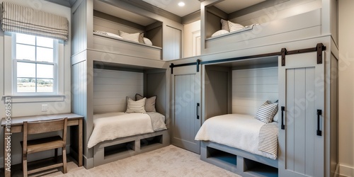 Stylish Modern Bunk Room Design with Twin Beds and Workspace in Neutral Tones