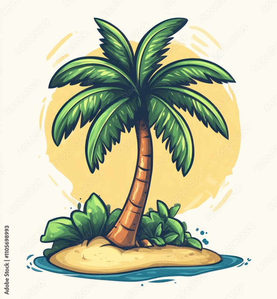 Fototapeta premium Cartoon palm tree on a small island in the ocean.