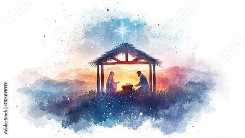 Watercolor illustration of baby Jesus in a manger, with Mary and Joseph by his side. A softly blurred Bethlehem and glowing star highlight the scene, with space below for a Christmas message.