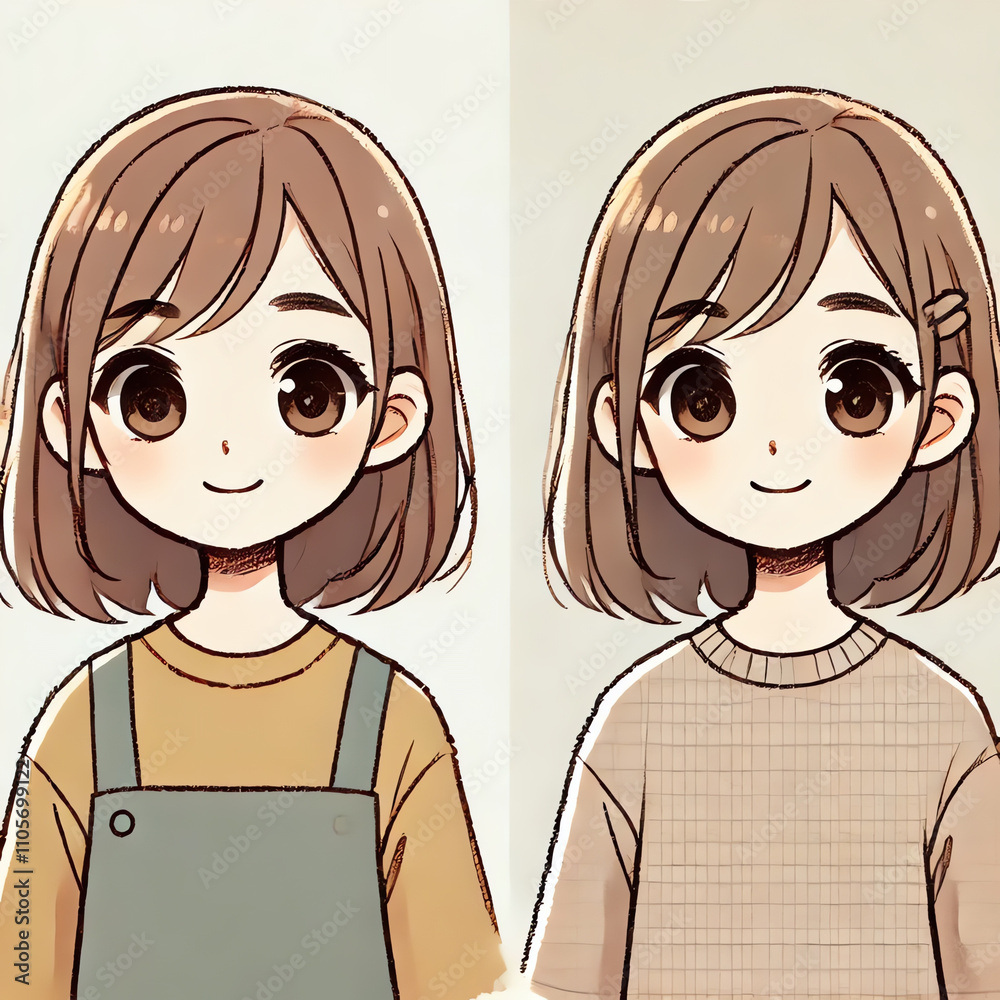 A cute and charming illustration of a young girl with big, round eyes and a gentle smile A cute and charming illustration of a young girl with big, round eyes and a gentle smile